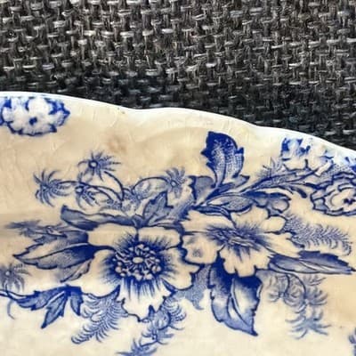Vintage Taylor Smith Taylor Dogwood Pickle Small Oval Plater Blue Flowers Patina - Thumbnail 8