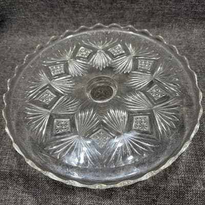 EAPG Bryce Higbee Melrose Cake Stand Sheaf and Diamond Clear Glass 1894 UV Glow - Thumbnail 2