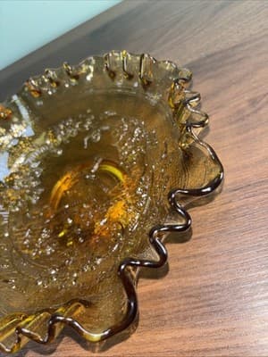 VTG Imperial Glass Amber Windmill Scene Ruffled Crimped Edge Bowl Heavy Dish - Thumbnail 5