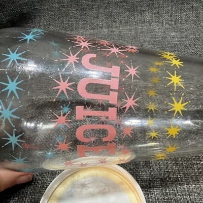 Vintage Hazel Atlas Atomic Starburst Juice Glass Carafe Pink Blue Yellow w Lid - Thumbnail 11