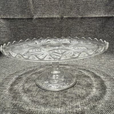 EAPG Bryce Higbee Melrose Cake Stand Sheaf and Diamond Clear Glass 1894 UV Glow - Thumbnail 7