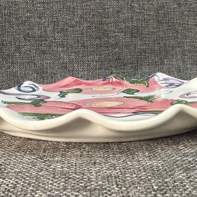 Jan Pugh Signed Triumph Treasure Pottery Plate Hand-Painted Floral Ruffled Edge - Thumbnail 6