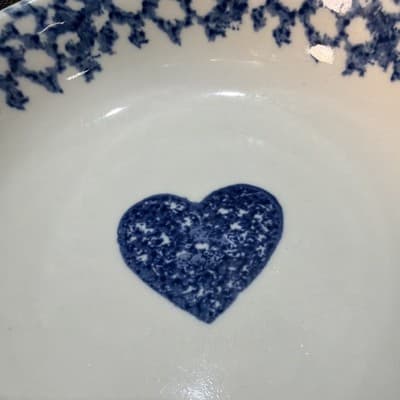 6 Hearts Cereal Soup Bowl 6 1/2" Tienshan Folk Craft Stoneware White Blue Sponge - Thumbnail 6