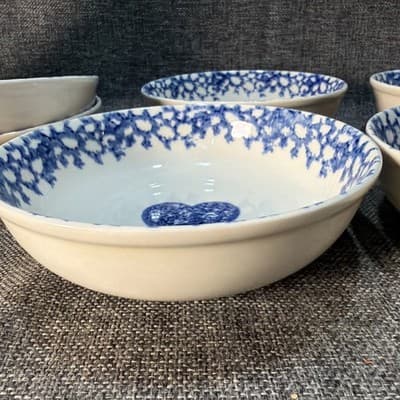 6 Hearts Cereal Soup Bowl 6 1/2" Tienshan Folk Craft Stoneware White Blue Sponge - Thumbnail 12