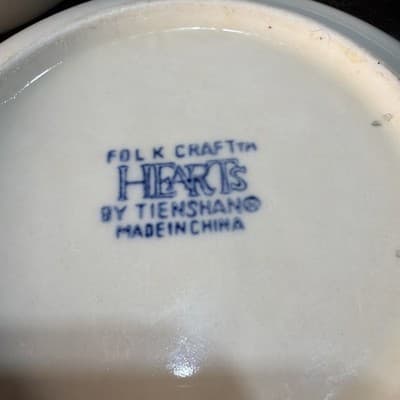 6 Hearts Cereal Soup Bowl 6 1/2" Tienshan Folk Craft Stoneware White Blue Sponge - Thumbnail 16