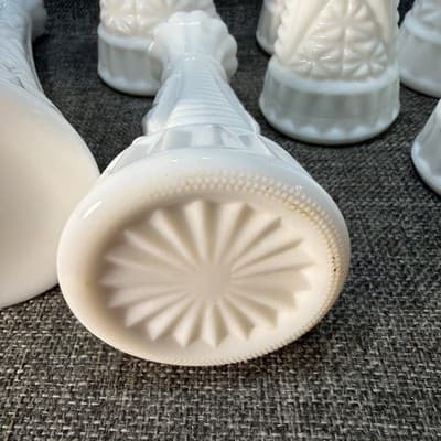 Vtg Lot 8 Stars & Bars White Milk Glass Bud Vase Event Wedding Cottage 9" And 6” - Thumbnail 13