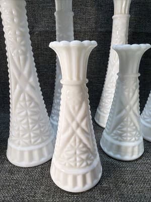 Vtg Lot 8 Stars & Bars White Milk Glass Bud Vase Event Wedding Cottage 9" And 6” - Thumbnail 2