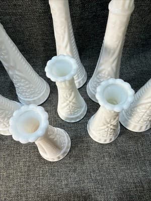 Vtg Lot 8 Stars & Bars White Milk Glass Bud Vase Event Wedding Cottage 9" And 6” - Thumbnail 5