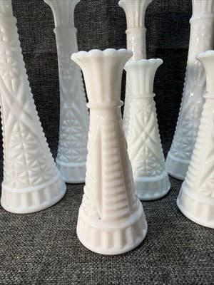 Vtg Lot 8 Stars & Bars White Milk Glass Bud Vase Event Wedding Cottage 9" And 6” - Thumbnail 4