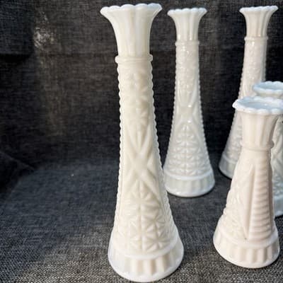 Vtg Lot 8 Stars & Bars White Milk Glass Bud Vase Event Wedding Cottage 9" And 6” - Thumbnail 11