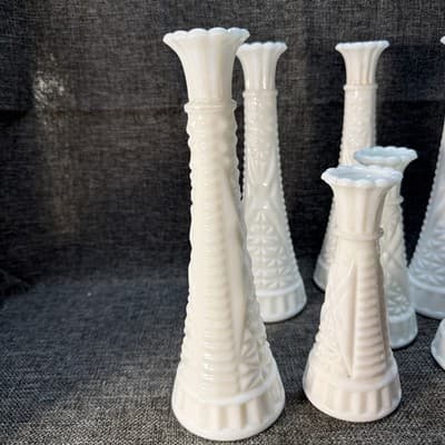 Vtg Lot 8 Stars & Bars White Milk Glass Bud Vase Event Wedding Cottage 9" And 6” - Thumbnail 10