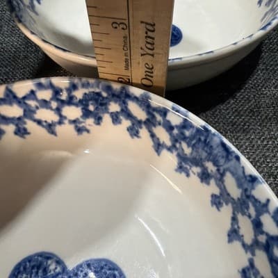 6 Hearts Cereal Soup Bowl 6 1/2" Tienshan Folk Craft Stoneware White Blue Sponge - Thumbnail 14