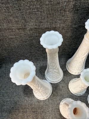 Vtg Lot 8 Stars & Bars White Milk Glass Bud Vase Event Wedding Cottage 9" And 6” - Thumbnail 6