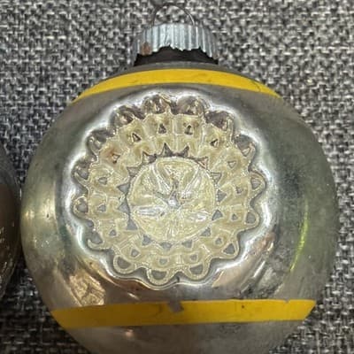 Lot Of 2 Vtg Shiny Bright Ball Double Indent Ornaments Red Yellow Blue MADE USA - Thumbnail 3