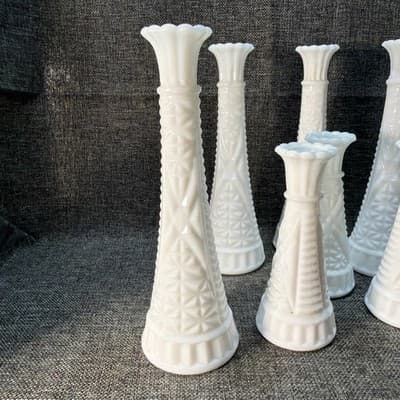 Vtg Lot 8 Stars & Bars White Milk Glass Bud Vase Event Wedding Cottage 9" And 6” - Thumbnail 9