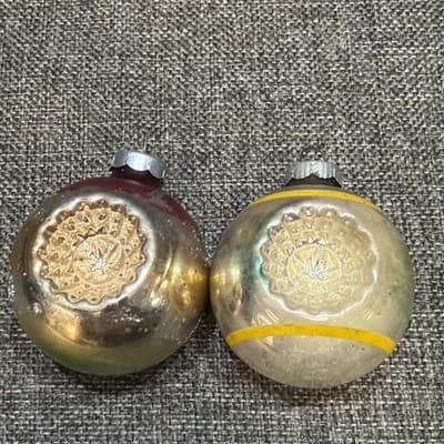 Lot Of 2 Vtg Shiny Bright Ball Double Indent Ornaments Red Yellow Blue MADE USA - Thumbnail 5