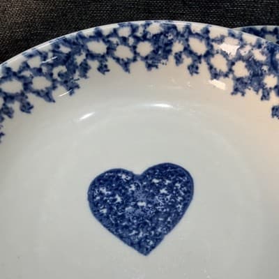 6 Hearts Cereal Soup Bowl 6 1/2" Tienshan Folk Craft Stoneware White Blue Sponge - Thumbnail 7