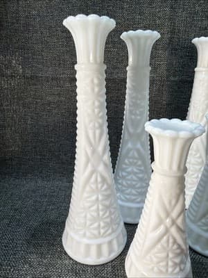Vtg Lot 8 Stars & Bars White Milk Glass Bud Vase Event Wedding Cottage 9" And 6” - Thumbnail 3