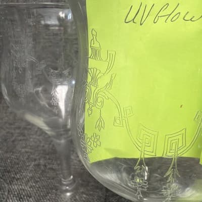 Set of 5 Vintage Deep Plate Acid Etched Lead Crystal Goblets 365nm UV Glow Mint - Thumbnail 20