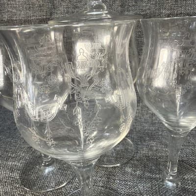 Set of 5 Vintage Deep Plate Acid Etched Lead Crystal Goblets 365nm UV Glow Mint - Thumbnail 3