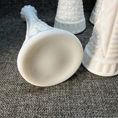 Vtg Lot 8 Stars & Bars White Milk Glass Bud Vase Event Wedding Cottage 9" And 6” - Thumbnail 12