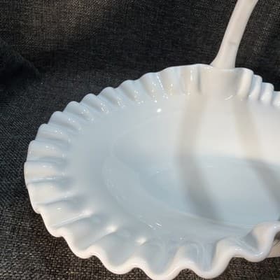 Large Oval Glass Fenton Fruit Basket Hobnail Handled Milk Glass Brides Flower - Thumbnail 3