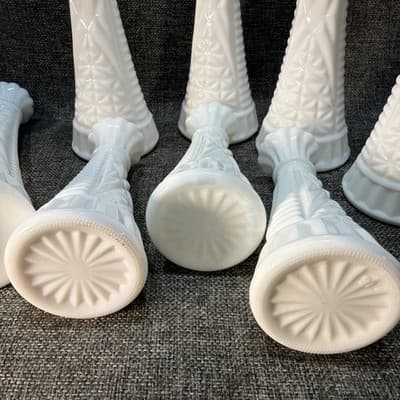 Vtg Lot 8 Stars & Bars White Milk Glass Bud Vase Event Wedding Cottage 9" And 6” - Thumbnail 14