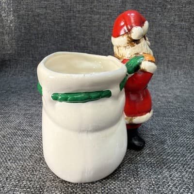 Vintage Napco Santa Claus Holding Gift Bag Planter Figurine 5" With Label - Thumbnail 2