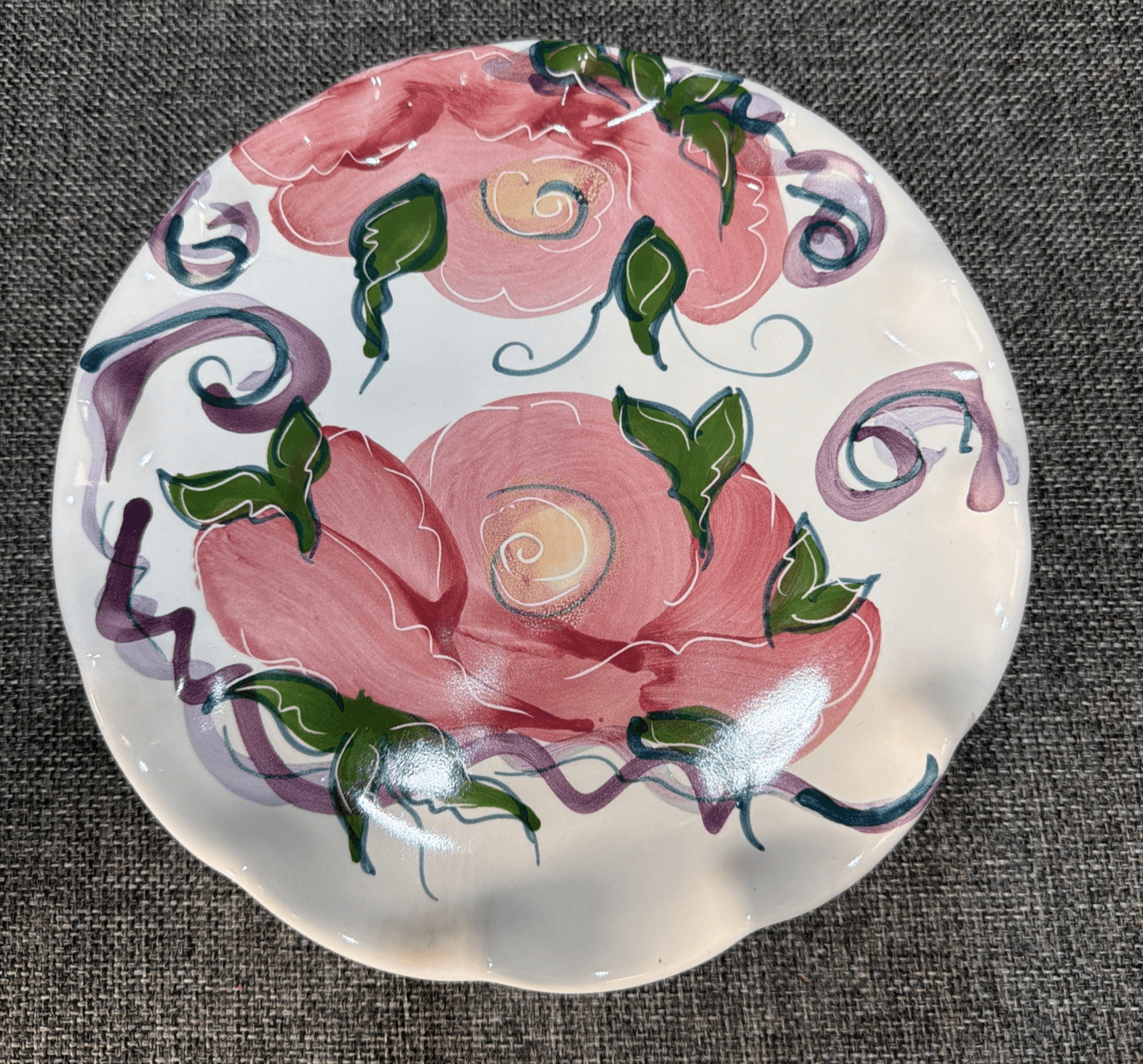 Jan Pugh Signed Triumph Treasure Pottery Plate Hand-Painted Floral Ruffled Edge