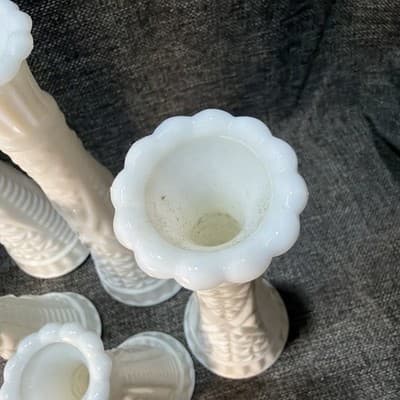 Vtg Lot 8 Stars & Bars White Milk Glass Bud Vase Event Wedding Cottage 9" And 6” - Thumbnail 8