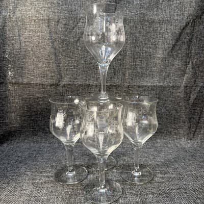 Set of 5 Vintage Deep Plate Acid Etched Lead Crystal Goblets 365nm UV Glow Mint - Thumbnail 2