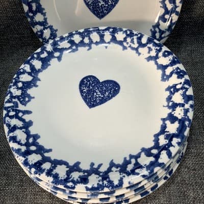 Tienshan "Sponge Blue" Hearts Salad Plates SET OF 8 Lunch Plate 7.5" Vintage - Thumbnail 2