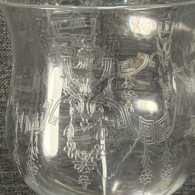 Set of 5 Vintage Deep Plate Acid Etched Lead Crystal Goblets 365nm UV Glow Mint - Thumbnail 9