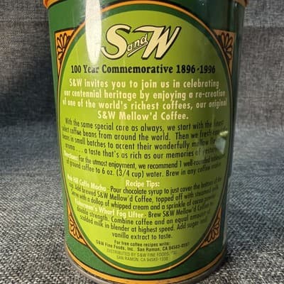Vintage S&W Mellow’d Coffee Tin 13 oz Green Orange Advertising Can W Lid 1996 - Thumbnail 3