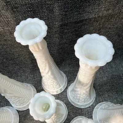 Vtg Lot 8 Stars & Bars White Milk Glass Bud Vase Event Wedding Cottage 9" And 6” - Thumbnail 7