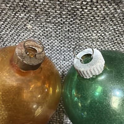 VTG 1940's Green Amber Unsilvered Round Glass Ball Ornament 2” Set Of 2 - Thumbnail 2