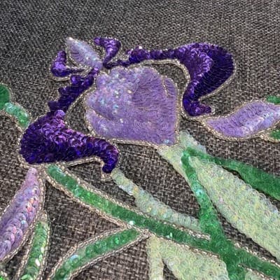 Patch Large Iris Beaded And Sequined Green and Purple Detailed Vintage Applique - Thumbnail 7