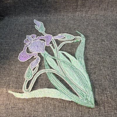 Patch Large Iris Beaded And Sequined Green and Purple Detailed Vintage Applique - Thumbnail 11