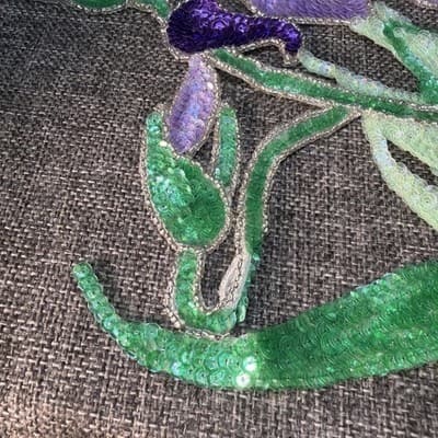 Patch Large Iris Beaded And Sequined Green and Purple Detailed Vintage Applique - Thumbnail 4