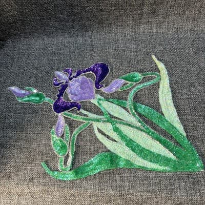 Patch Large Iris Beaded And Sequined Green and Purple Detailed Vintage Applique - Thumbnail 2