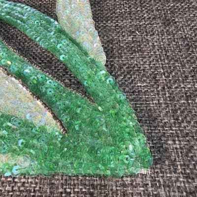 Patch Large Iris Beaded And Sequined Green and Purple Detailed Vintage Applique - Thumbnail 8