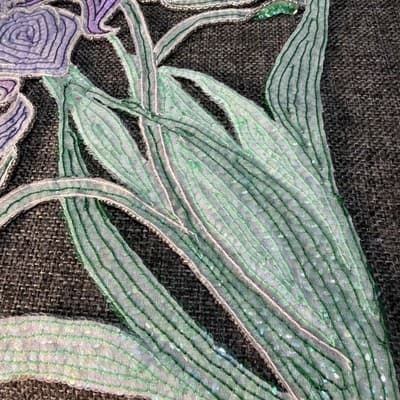 Patch Large Iris Beaded And Sequined Green and Purple Detailed Vintage Applique - Thumbnail 12
