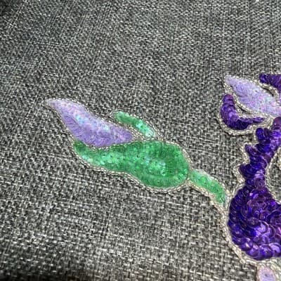 Patch Large Iris Beaded And Sequined Green and Purple Detailed Vintage Applique - Thumbnail 5