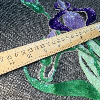 Patch Large Iris Beaded And Sequined Green and Purple Detailed Vintage Applique - Thumbnail 10