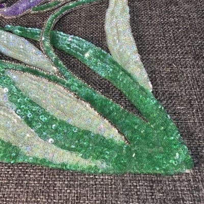 Patch Large Iris Beaded And Sequined Green and Purple Detailed Vintage Applique - Thumbnail 3