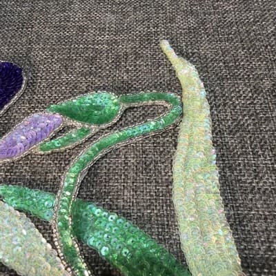 Patch Large Iris Beaded And Sequined Green and Purple Detailed Vintage Applique - Thumbnail 6