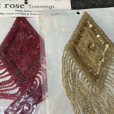 Set Beaded Sequin 11” Patch Dangles Vintage Applique large Gold And Red Washable - Thumbnail 16