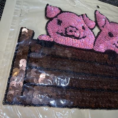 Large 10.75" Sequin Beaded Appliqué Patch Sew On Pigs In Trough Vintage Show - Thumbnail 2