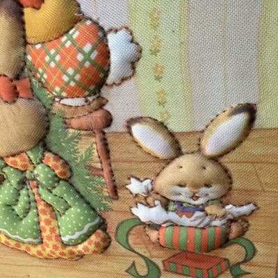 Creative Circle Trimmin' the Tree Quilted Stitchery Rabbit Christmas 1982 framed - Thumbnail 5