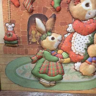 Creative Circle Trimmin' the Tree Quilted Stitchery Rabbit Christmas 1982 framed - Thumbnail 2